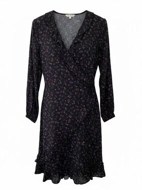 Black Floral Wrap Dress with Purple Flower Detail